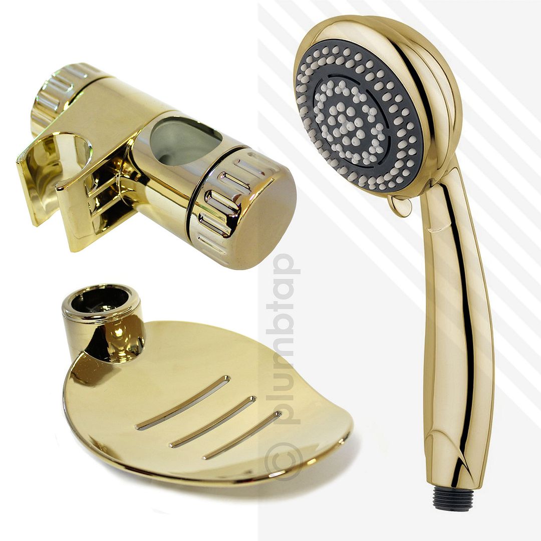 MODERN GOLD SHOWER KIT • Adjustable Riser Rail Soap Dish • REPLACES ALL